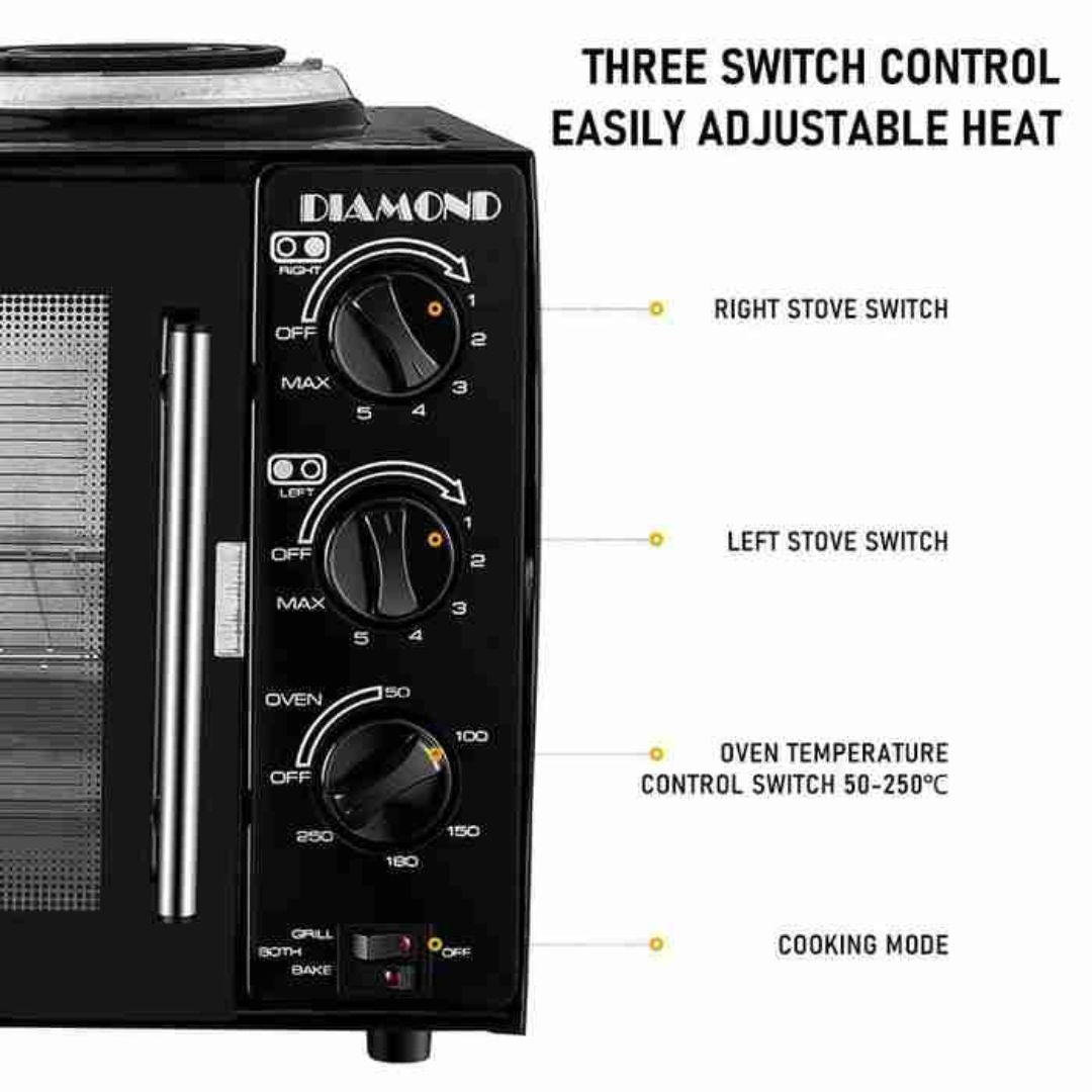 Diamond 28L Mini Oven 2 Plate Stove 3400W - Compact Kitchen