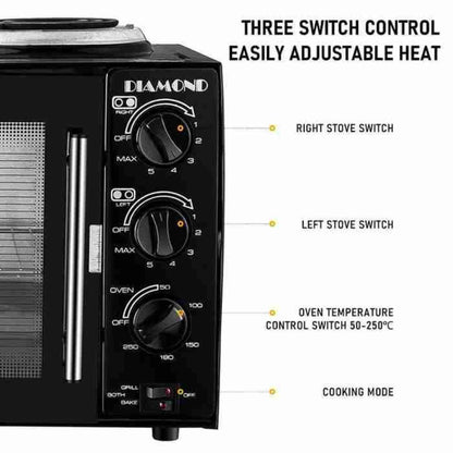 Diamond 28L Mini Oven 2 Plate Stove 3400W - Compact Kitchen