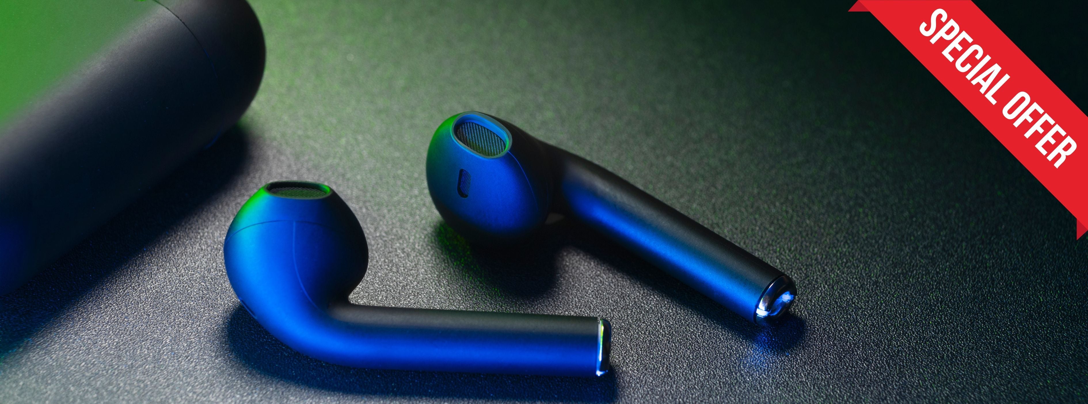 Blue wireless earbuds on a dark surface with a 'Special Offer' banner.